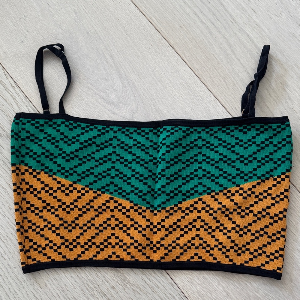 Dodo Bar Or Green and Mustard Patterned Knit Crop Top